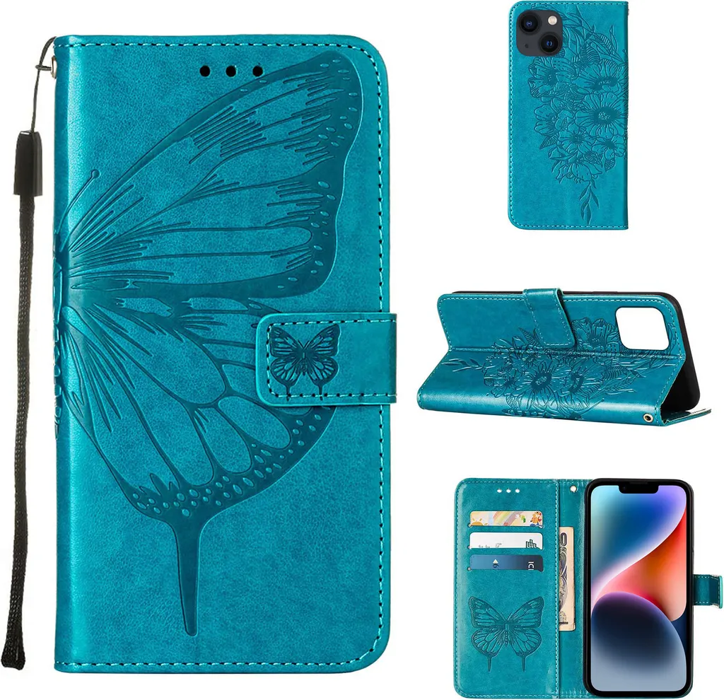 Custodia iPhone 15 Pelle Blu Farfalla - Cover Portafoglio con Supporto