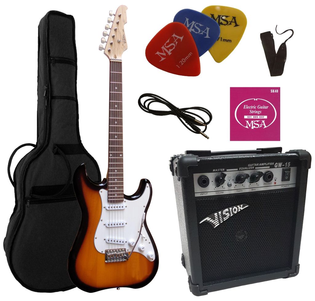 4/4 Elektrogitarrenset - E-Gitarre Sunburst 20 Watt Set - Tasche, Band, Saiten, 3xpik, Verstärker - e gitarren set