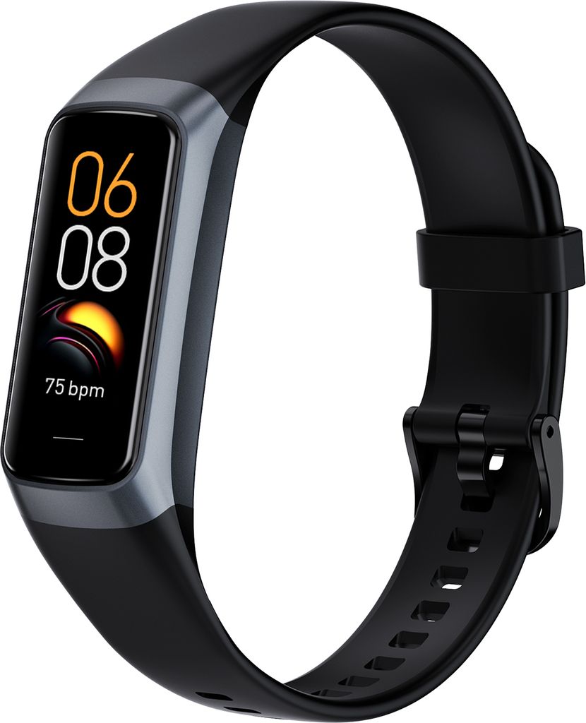 A black smartwatch with a gray bezel is shown against a white background.