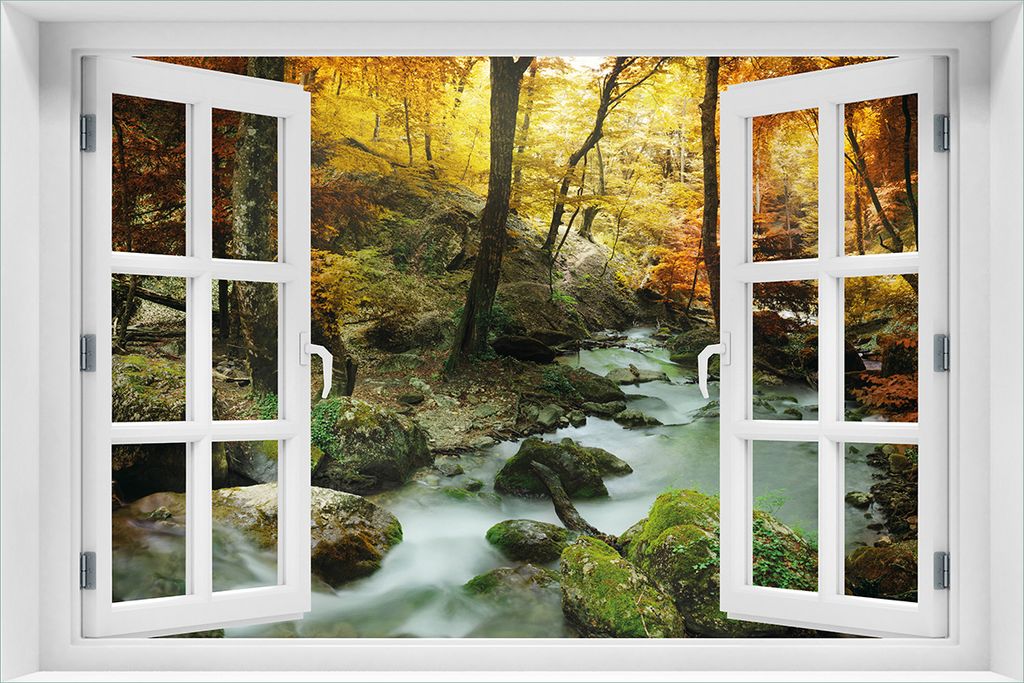 Wallario Wandbild aus Acryl, 60 x 90 cm, freischwebende Optik - Wasserfall mit moosbedeckten Steinen im Herbstwald mit Fenster-Illusion