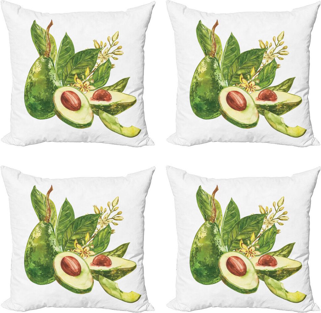ABAKUHAUS Avocado Kissenbezug Set (4 Stück), Aquarell-Stil und Blätter-, Moderner Doppelseitiger Digitaldruck, 40 cm x 40 cm, Weiß Farn-Grün