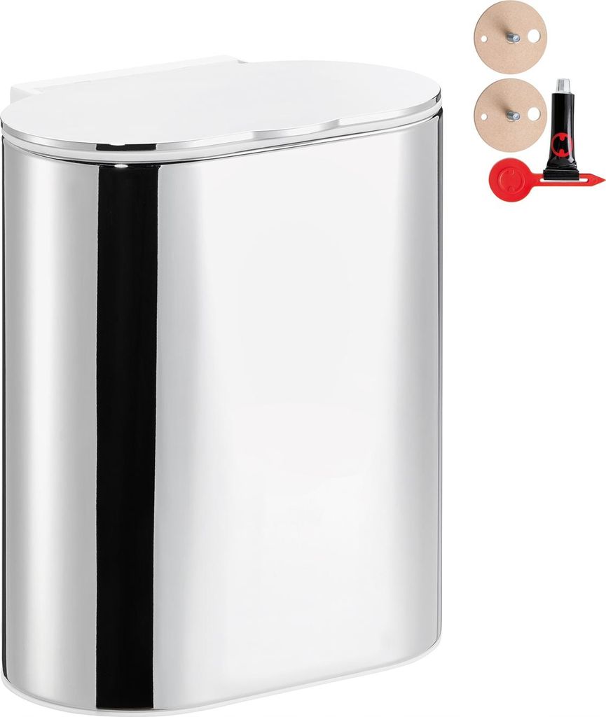 A shiny metal trash can with a white lid, shown with mounting hardware.