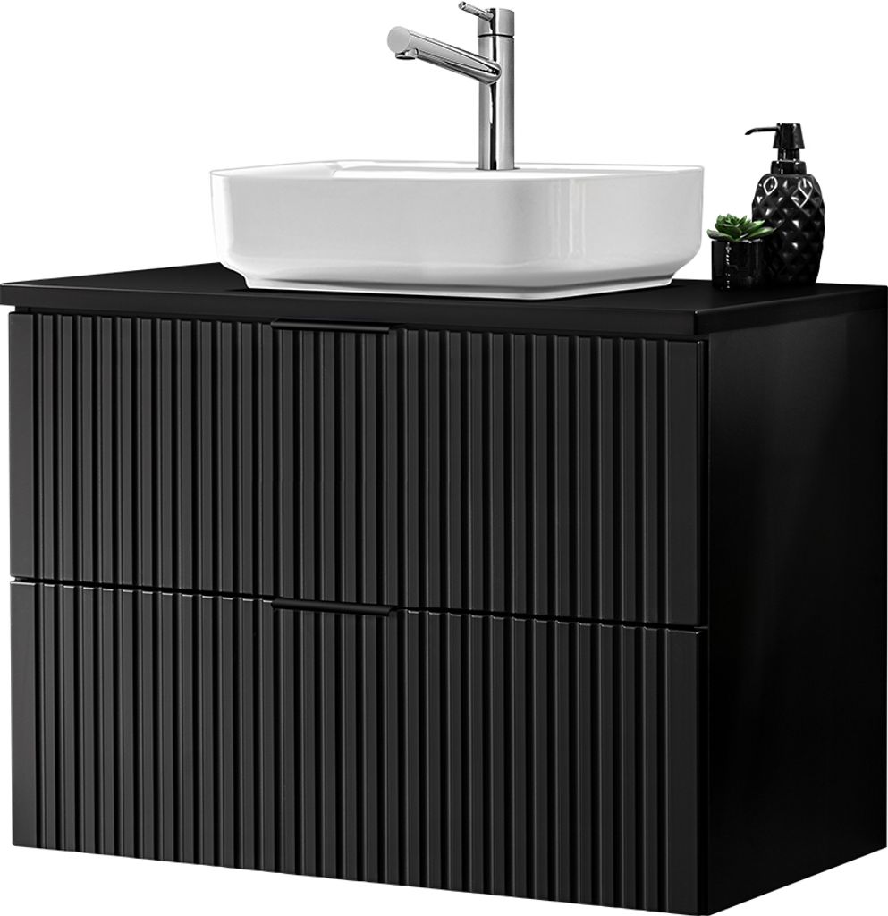Badezimmer Waschtisch, 81cm, mit Aufsatzbecken, matt schwarz gerillt, ADELAIDE-56-BLACK, B/H/T ca. 80,6/73,2/46,5 cm