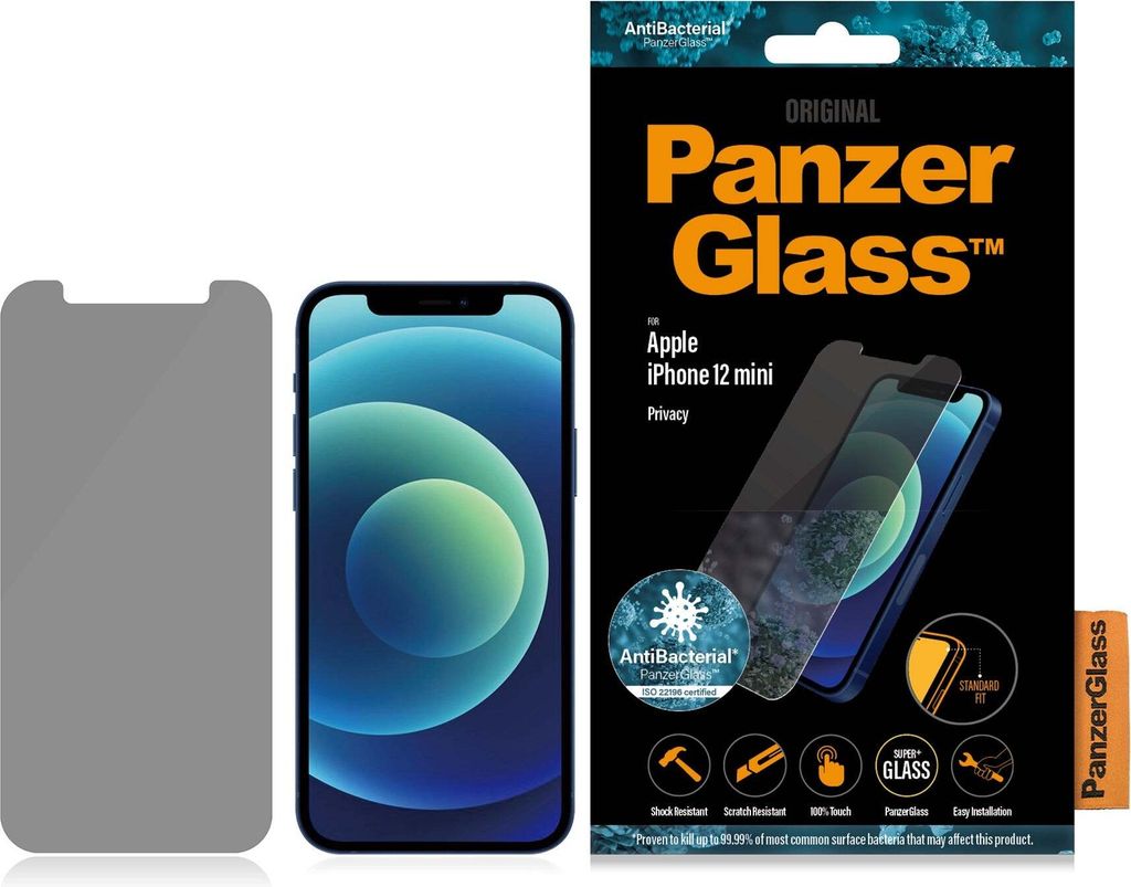 A PanzerGlass privacy screen protector for an iPhone 12 Mini is shown next to the phone and its packaging.