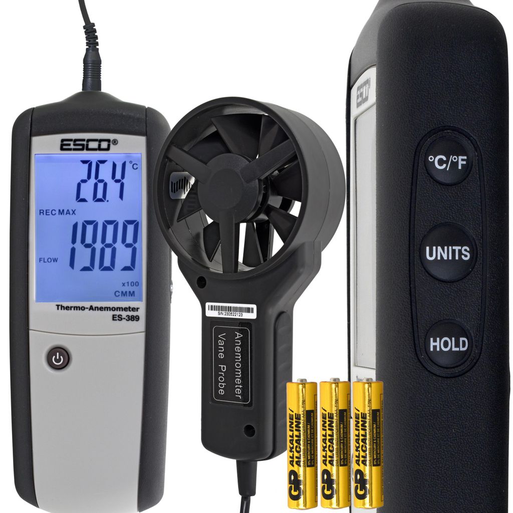 Digitales Anemometer | Flügelrad-Luftgeschwindigkeitsmesser mit externer Sonde für HLK Klimaanlagen Lüftung & Volumenstrom ESCO ES-389