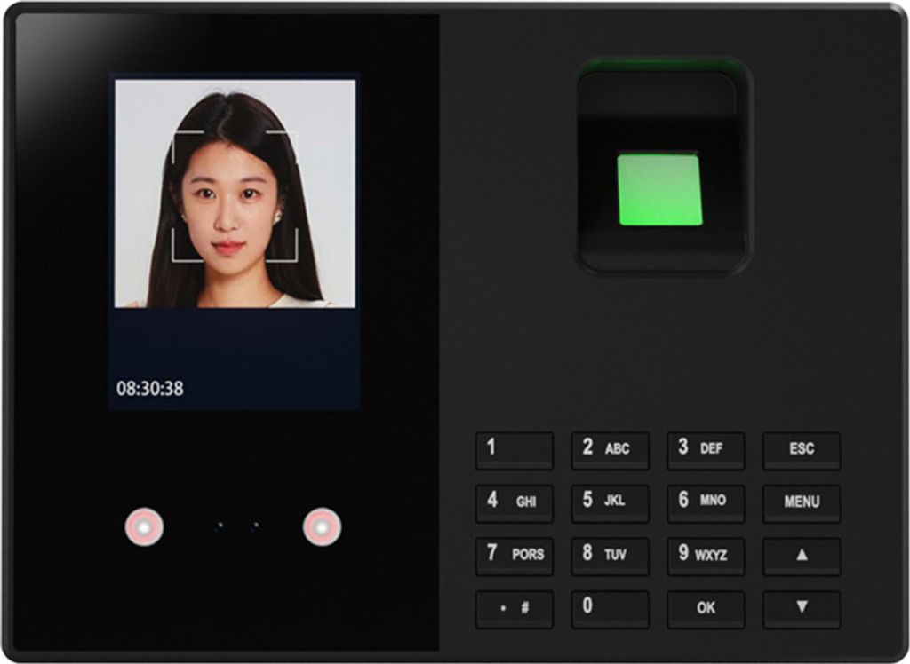 A close-up of a biometric access control device with a screen displaying a person's face and a fingerprint scanner.