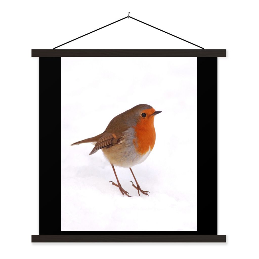 MuchoWow Textilposter Vogel - Rotkehlchen - Schnee 90x120 cm mit schwarzem Rahmen - Dekoration