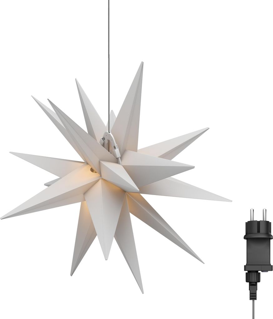 A white star-shaped LED lamp with 18 points hangs from a thin wire, with a black power adapter and plug visible to the right.