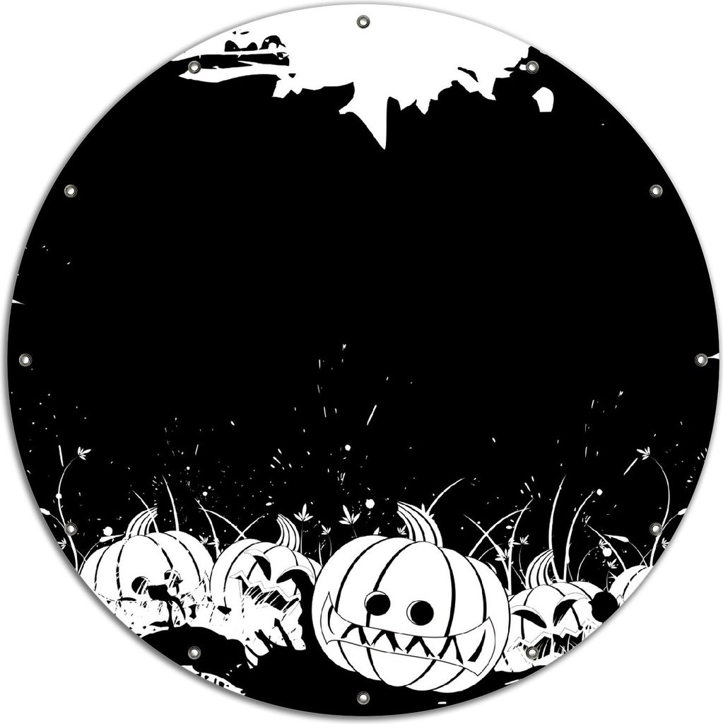 Wallario rundes Outdoor-Poster für Garten oder Balkon, Motiv Halloween - Kürbisse und Fledermäuse in schwarz-weiß, Comic Stil, 120 cm Durchmesser