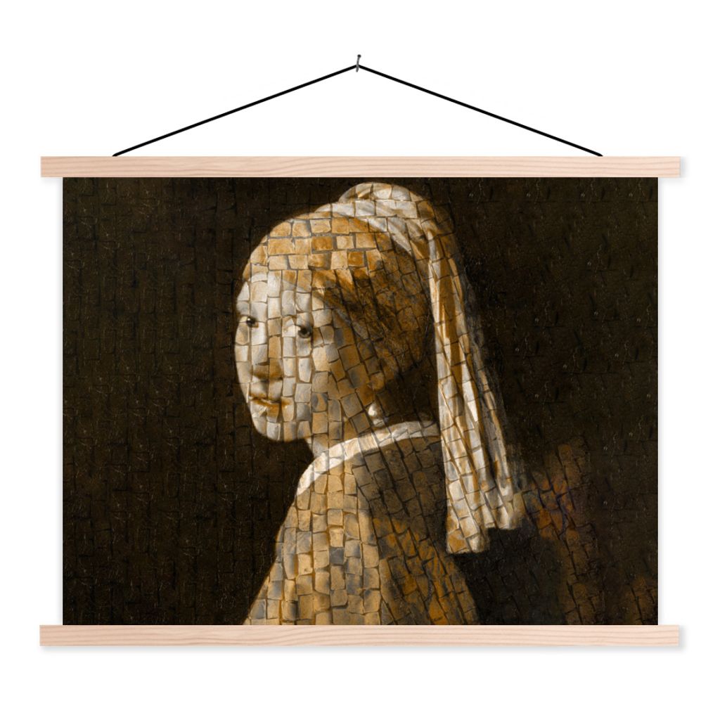 MuchoWow Textilposter Mädchen mit Perlenohrring - Gemälde - Mosaik 150x113 cm mit holzfarbenen Rahmen - Poster