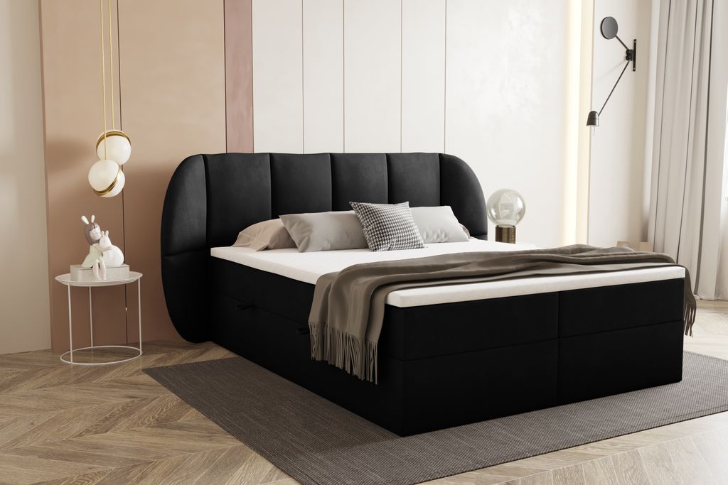Bilbao Boxspringbett 160x200 mit Bettkästen H3 Pocket Matratze Kopfteil mit Dekorative Ohren Schwarz
