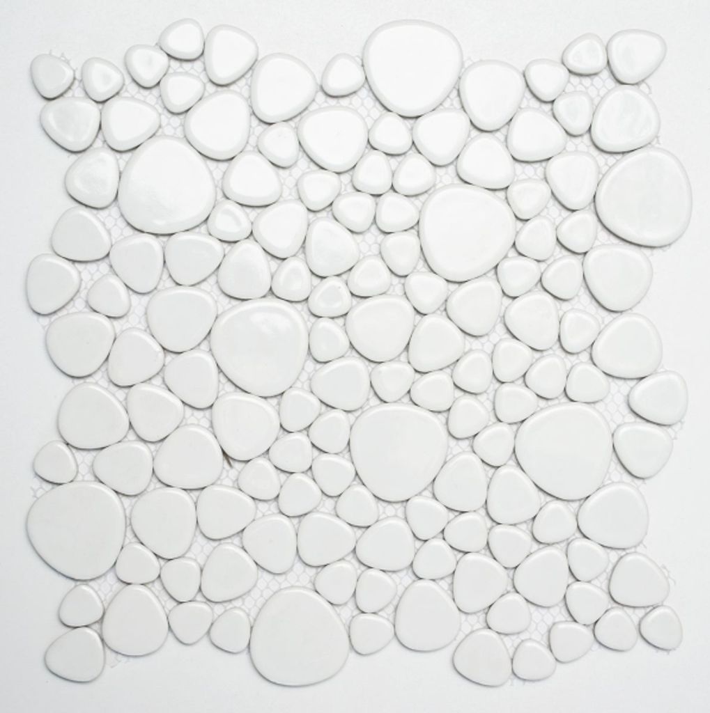 Kieselmosaik Pebbles Keramik weiß glänzend Duschtasse Fliesenspiegel MOS12-0102