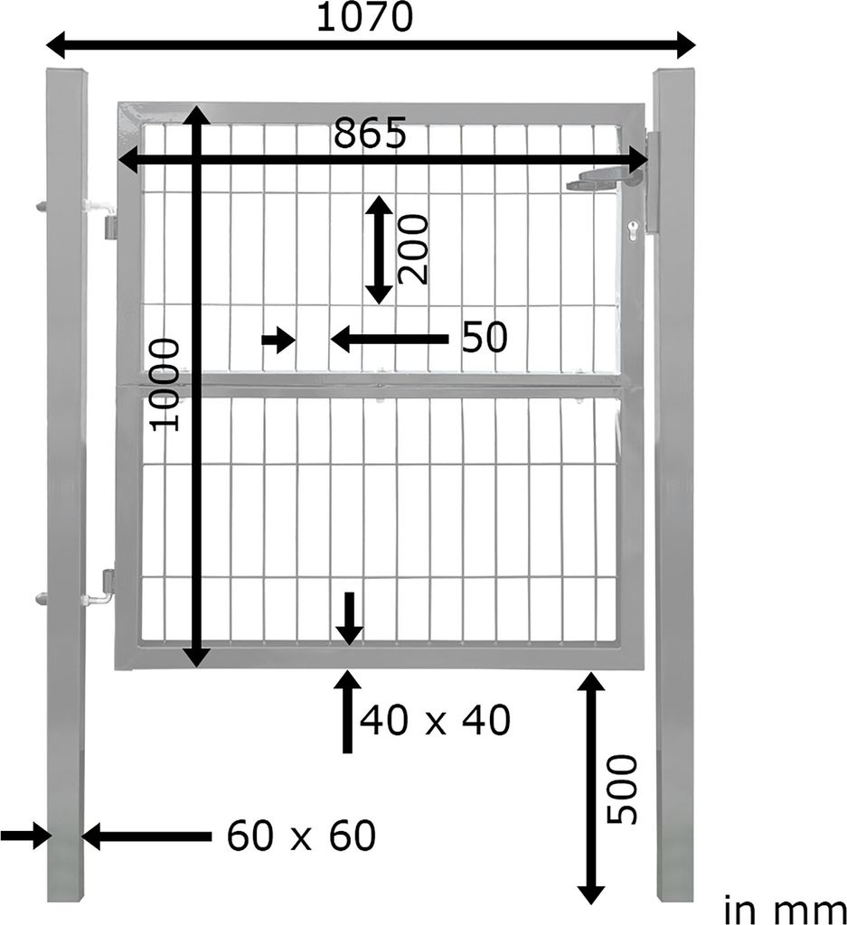 A diagram of a garden gate with dimensions indicated.