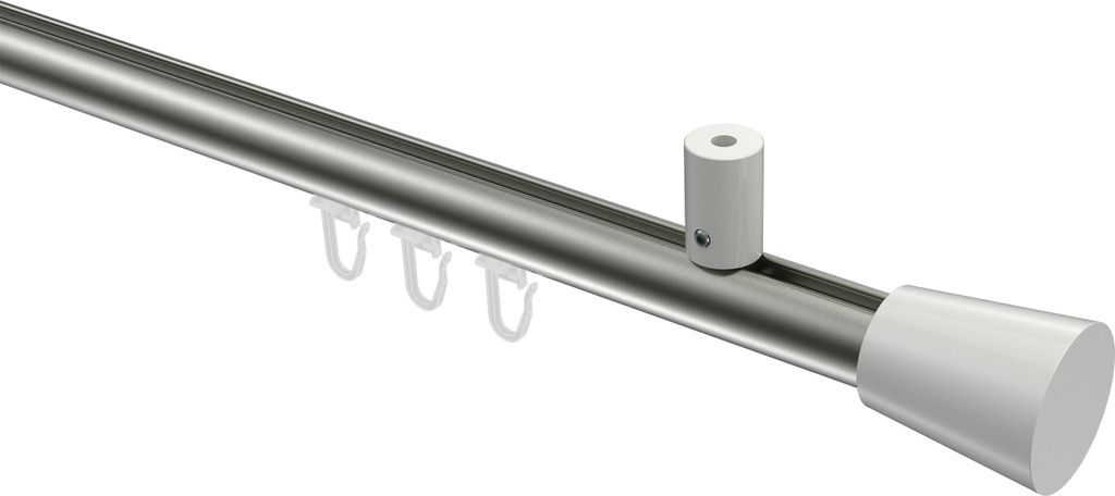 Interdeco Innenlaufstange / Gardinenstange mit Innenlauf Edelstahl-Optik / Weiß, Typ Sonius Sitra (Konus) Deckenmontage, 20 mm Ø 1-läufig, 140 cm