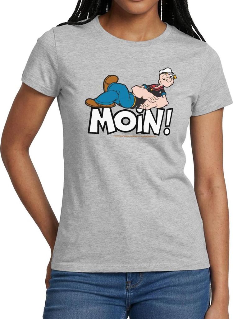 Spreadshirt Popeye Faulenzen Mit Schrift Moin Frauen T-Shirt, XXL, Grau meliert