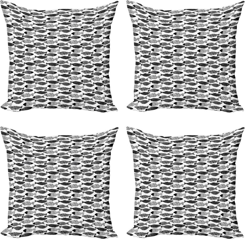 ABAKUHAUS Fisch Kissenbezug Set (4 Stück), Zentangle-Wassertier, Moderner Doppelseitiger Digitaldruck, 40 cm x 40 cm, Charcoal Grau Weiß