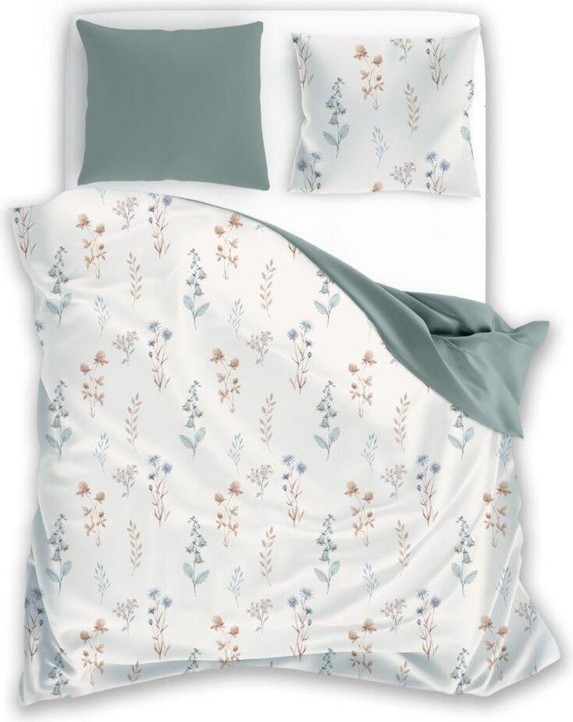 A duvet cover and pillowcase set with a floral pattern, laid out on a white surface.