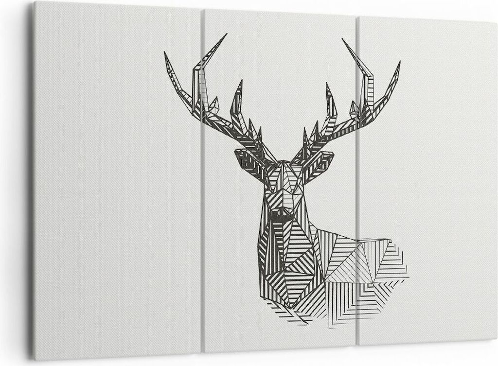 Bild auf Leinwand - Leinwandbild - 3 Teile - Hirsch Skizze Skandinavisch - 165x110cm - Wand Bild - Wanddeko - Wandbilder - Leinwanddruck - Bilder -...