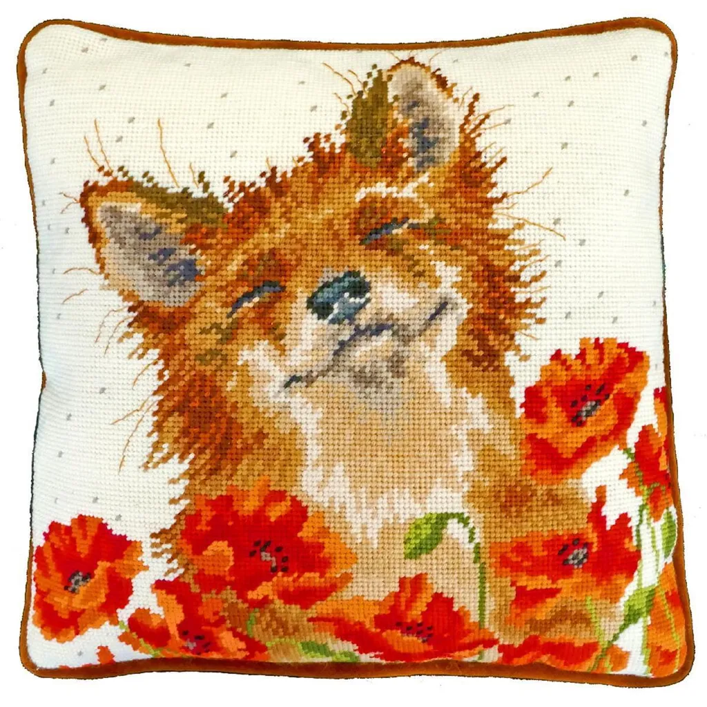 Kit Canevas à Broder Coussin Coquelicots 35,5cm avec Image Imprimée