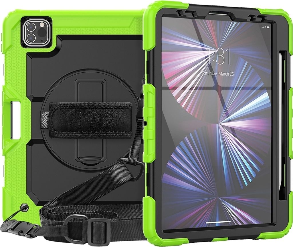 Mobigear SureGrip Xtreme iPad Air 11 Zoll (2024) Hülle Kunststoff,Silikon Backcover + Stifthalter + Schulterträger + Ständer - Schwarz / Grün