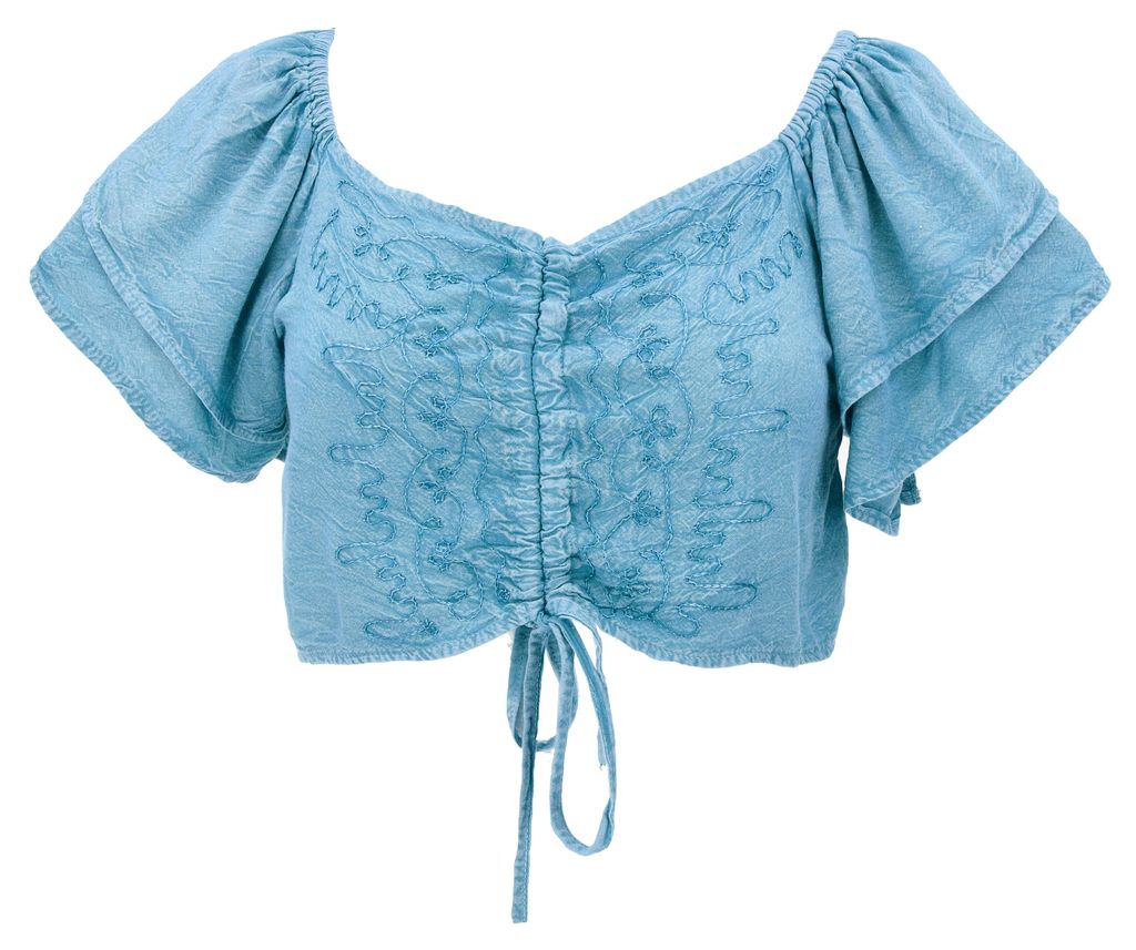 Bauchfreies Besticktes Blusentop Boho Chic, Kurzes Sommertop - Hellblau, Damen, Viskose, Tops & T-Shirts