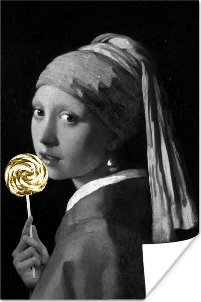 MuchoWow Poster Mädchen mit einem Perlenohrring - Johannes Vermeer - Lollipop - Gold 20x30 cm - Papierdruck