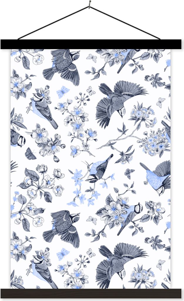 MuchoWow Textilposter Blumen - Vogel - Blau 60x90 cm mit schwarzem Rahmen - Poster Wohnzimmer