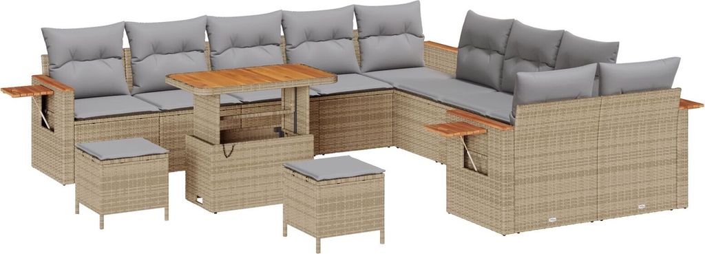 Möbel 13-teiliges Garten-Sofa-Set mit Kissen Beige Poly-Rattan Akazie, 3-teiliges Garten-Dining-Set mit Kissen Beige Poly-Rattan Akazie - Gartenso...