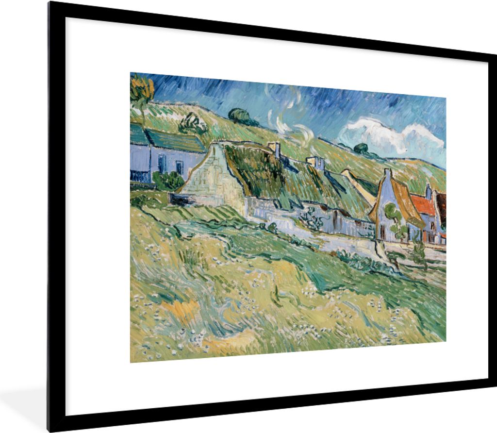 MuchoWow MuchoWow Gerahmtes Poster Reetgedeckte Ferienhäuser in Cordeville - Vincent van Gogh 80x60 cm - Poster mit zchwarzem Bilderrahmen - S...