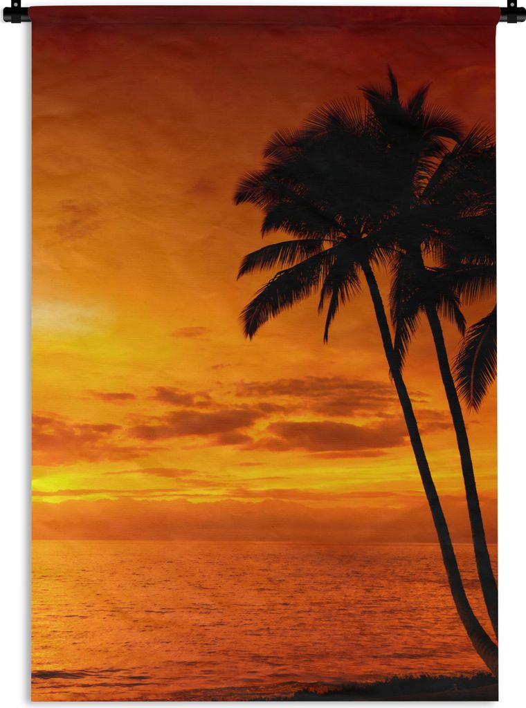 MuchoWow Wandteppich Wandbehang Palme - Sonnenuntergang - Tropisch - Orange - Meer 60x90 cm Tapisserie Dekoration Wandtuch - Foto-Teppich - Abwas...
