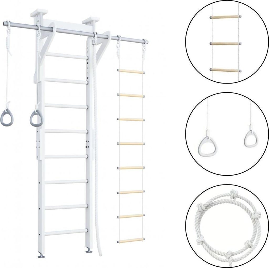 Sprossenwand für Kinder Indoor Klettergerüst aus Metall mit Gymnastikseil – Eco 2, Weiß