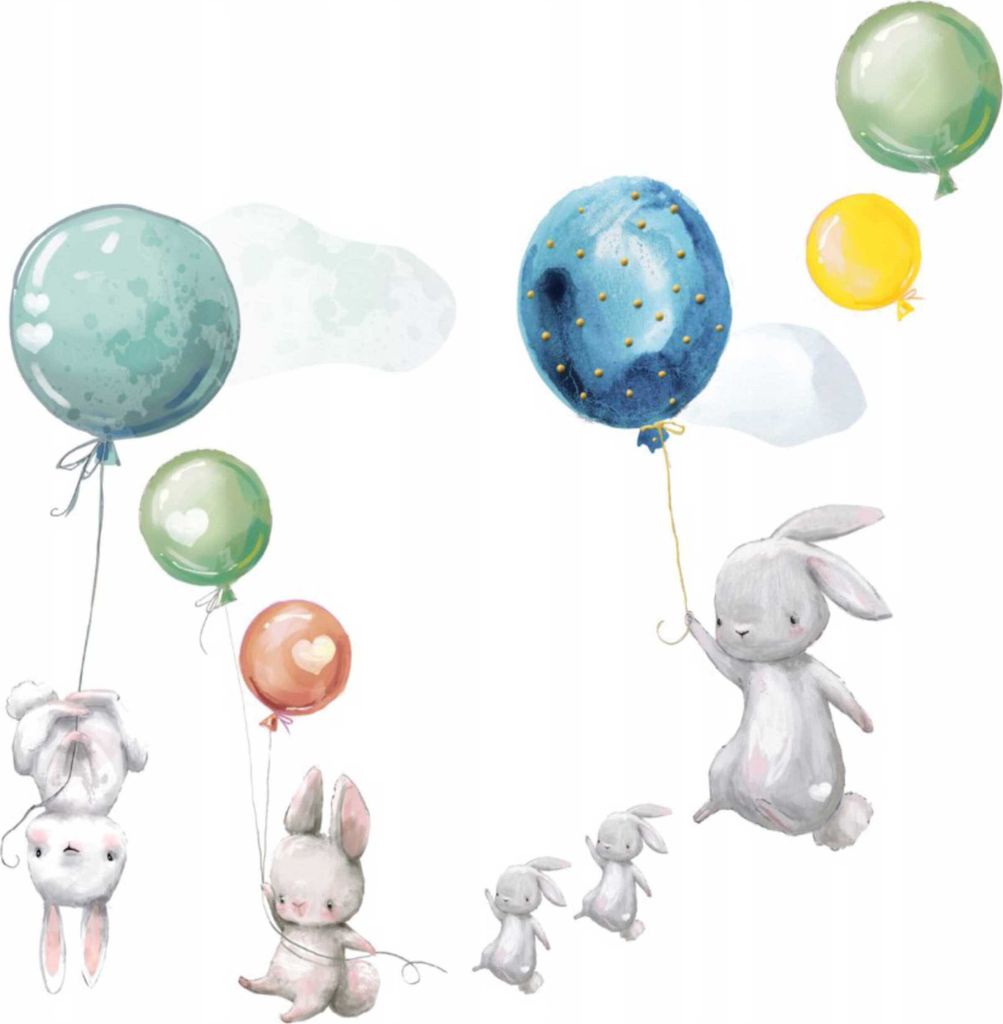 Wandtattoo Kaninchen, bunte Luftballons, mit umweltfreundlichen, geruchsneutralen Druckfarben - Wandsticker, Wandaufkleber Kinder 100 x 170 cm