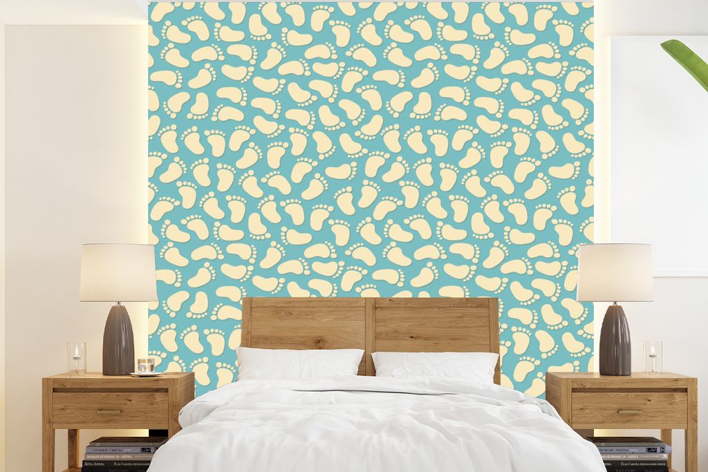 MuchoWow Fototapete für Wohnzimmer oder Schlafzimmer Wandtapete Vinyl Motivtapete Muster - Fuß - Blau - Jungen - Kinder - Kleiner Junge - 200x2...