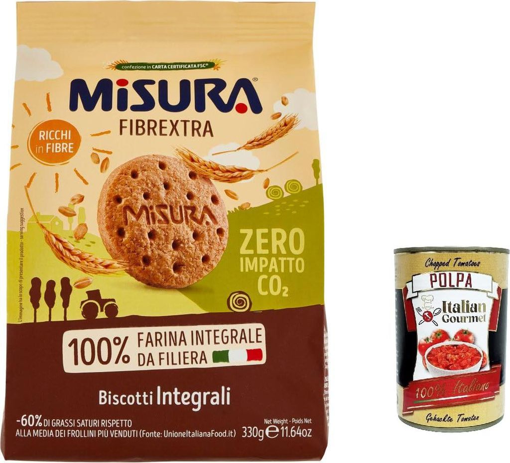 12x Misura Biscotti Integrali Fibrextra Vollkornkekse, 100 % Vollkornmehl, Reich an Ballaststoffen, biscuits cookies 330g + Italian Gourmet polpa 400g