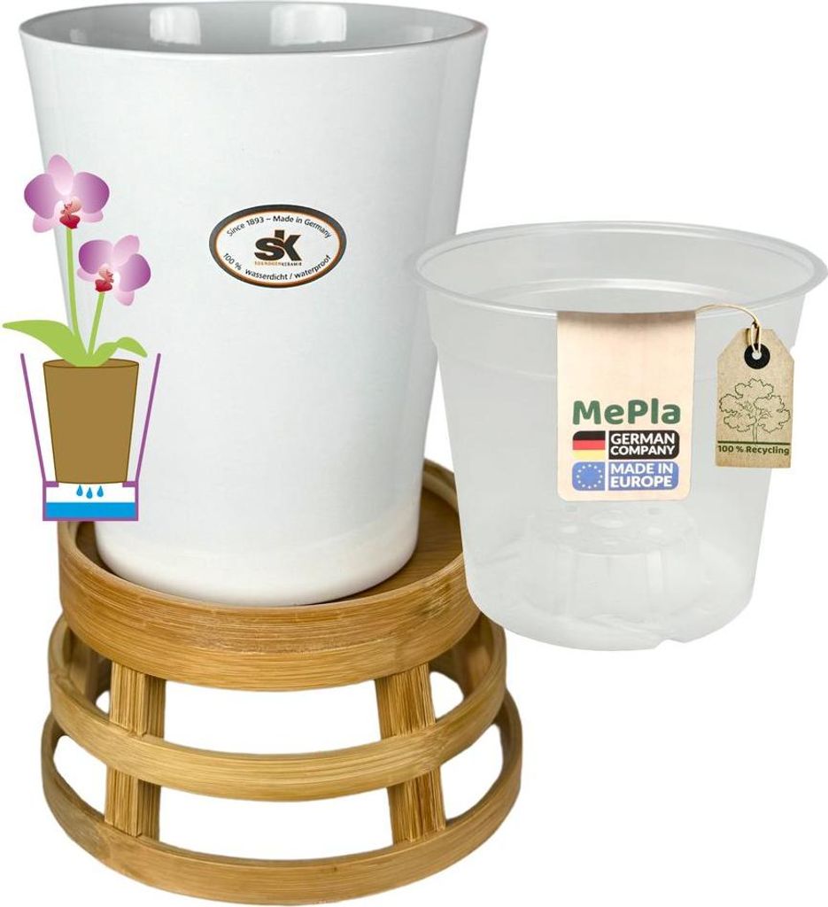 MePla - Set - Orchideenkübel Merina ø14 Weiss + Pflanztopf ø12 + Bamus-Topfständer