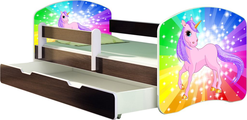 ACMA Jugendbett Kinderbett Junior-Bett Komplett-Set mit Matratze Lattenrost und Rausfallschutz Wenge 18 Pony Regenbogen 160x80 + Bettkasten