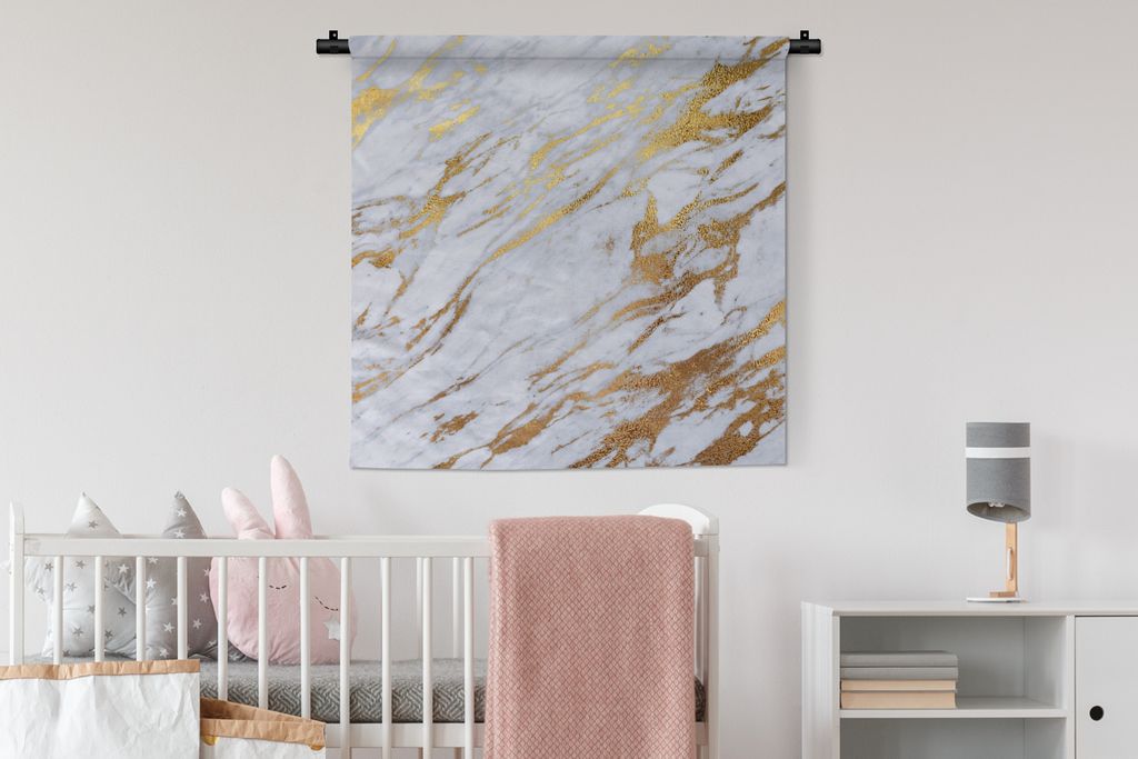 MuchoWow Wandteppich Wandbehang Marmor - Muster - Gold - Weiß 90x90 cm Tapisserie Dekoration Wandtuch - Wandaufhänger