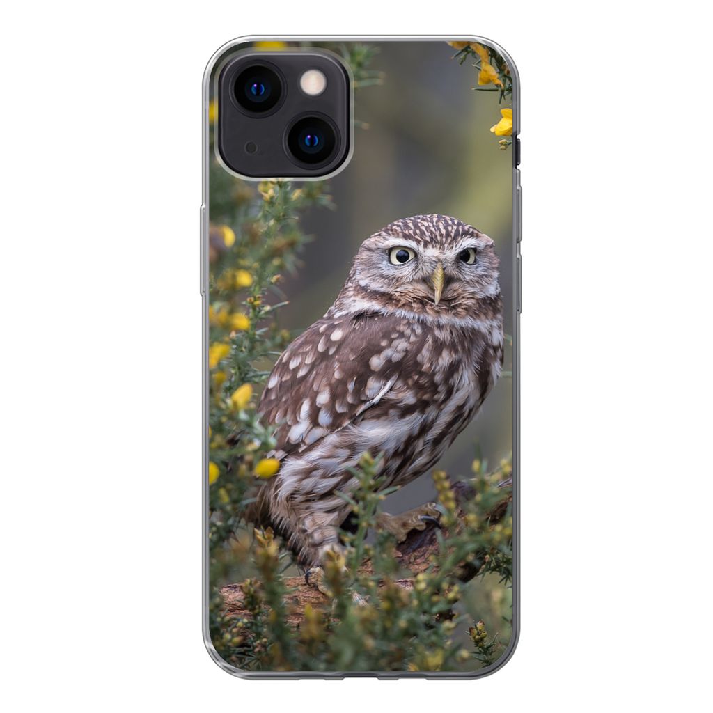 MuchoWow Handyhülle Schutzhülle Hülle für iPhone 13 Eine kleine braune Eule sitzt da und starrt nach vorne Silikon Softcase Handy Hülle - Ka...
