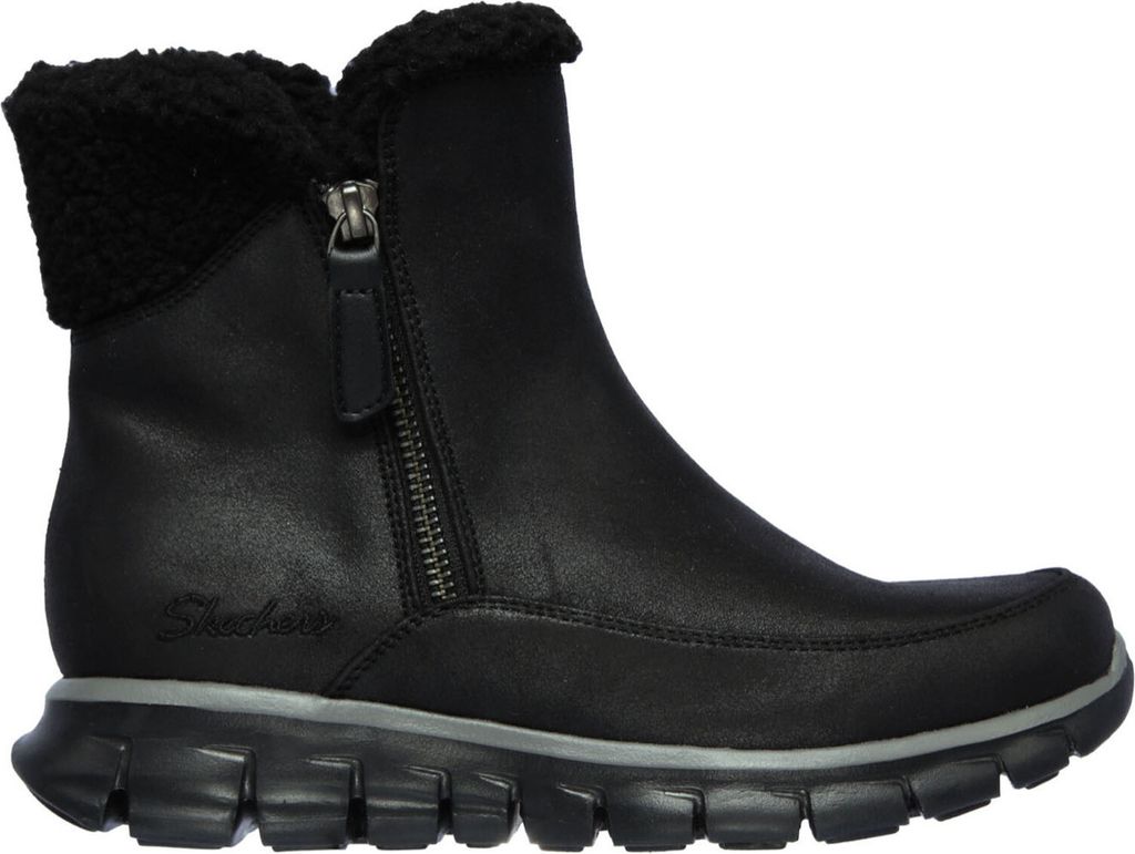 A black Skechers boot with a faux fur lining and a zipper closure, shown from the side against a white background.
