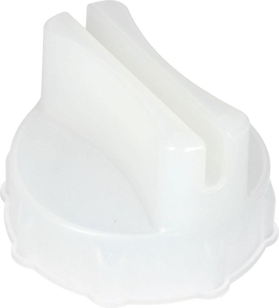 A white plastic cap with a split opening on top, sitting on a white background.