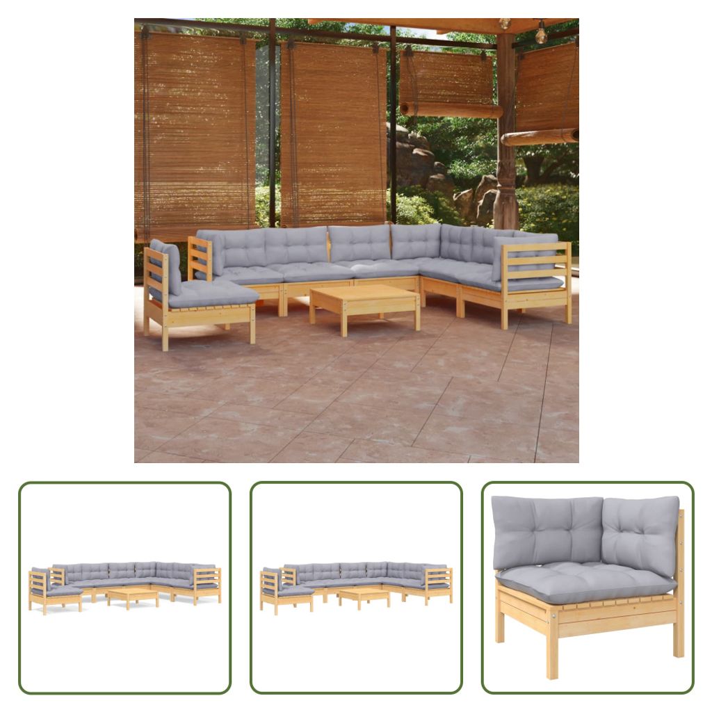 The Living Store 8-tlg. Garten-Lounge-Set mit Grauen Kissen Kiefer Massivholz