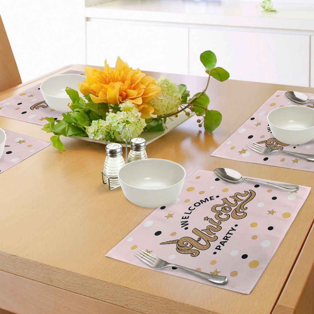 ABAKUHAUS Einhorn-Party Platzmatten, Hand gezeichnete Beschriftung mit blass rosa Punkten und Sternen Hintergrund, Untersetzer aus Waschbaren Stoff...