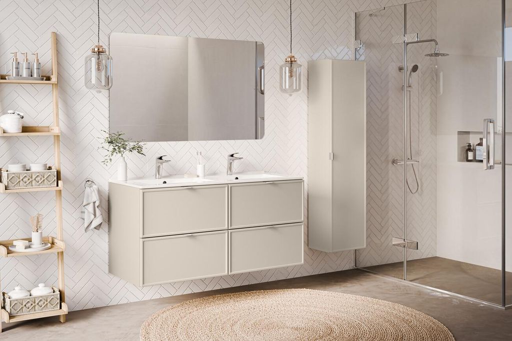 MONTIERT Badmöbel Set mit Doppelwaschbecken BELLA CASHMERE 120 cm MDF SOFT-CLOSE komplettes Badmöbel Set