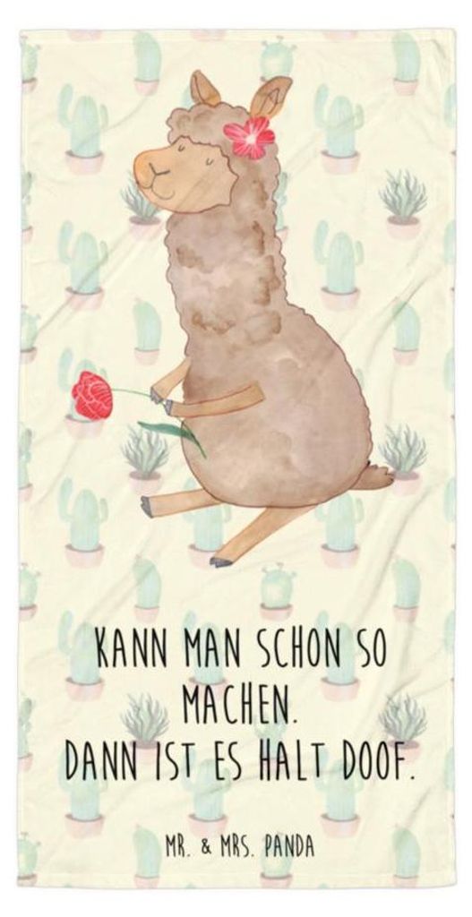 Mr. & Mrs. Panda Duschtuch Alpaka Blume - Kaktus Grün - Geschenk, Reisehandtuch, Badehandtuch, Witz, Strandtuch, Lama, Handtuch, Duschhandtuch, Lamas