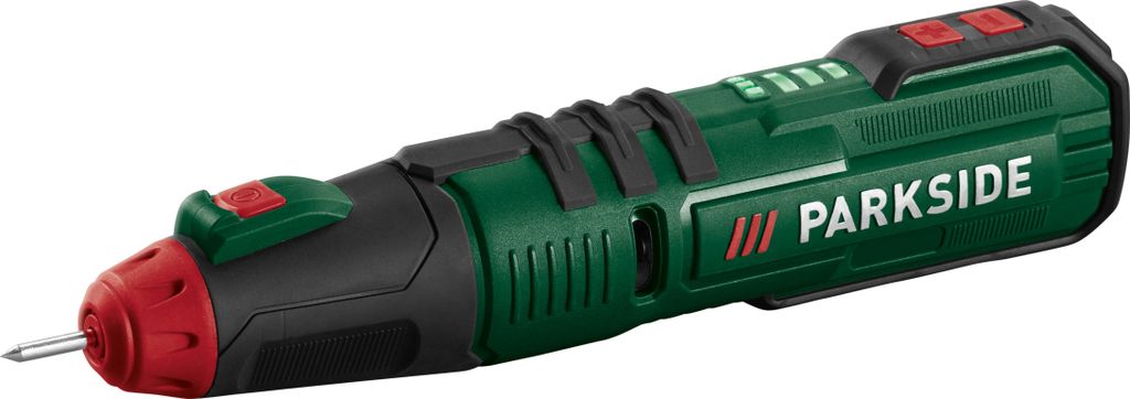 A cordless hot glue gun with a needle-like tip, branded PARKSIDE.