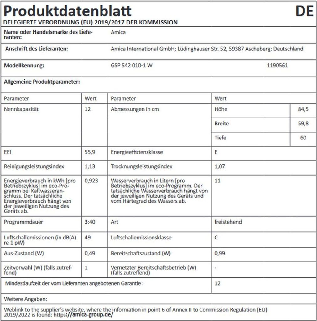 Amica - GSP 542 010 W - Stand-Geschirrspüler - Weiß - 60 cm Produktbild 3
