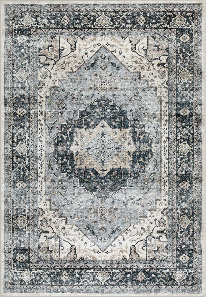 Teppich TRADITIONAL waschbar 160 x 230 cm Grau Beige Vintage Kurzflor rutschfest, schmutz- und wasserabweisend, strapazierfähig, pflegeleicht mit ...