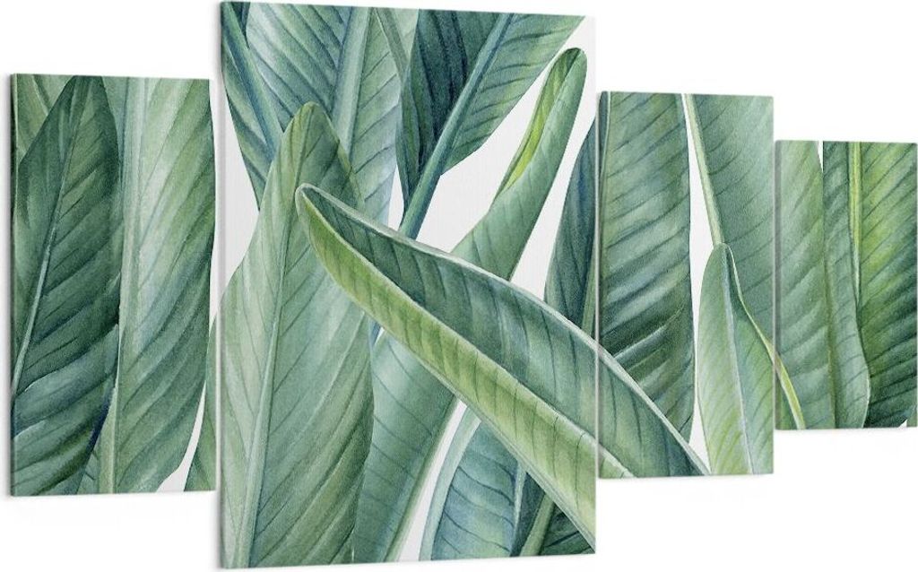 Bild auf Leinwand - Leinwandbild - 4 Teile - Exotisch Blätter Grün - 160x90cm - Wand Bild - Wanddeko - Wandbilder - Leinwanddruck - Bilder - Wand...