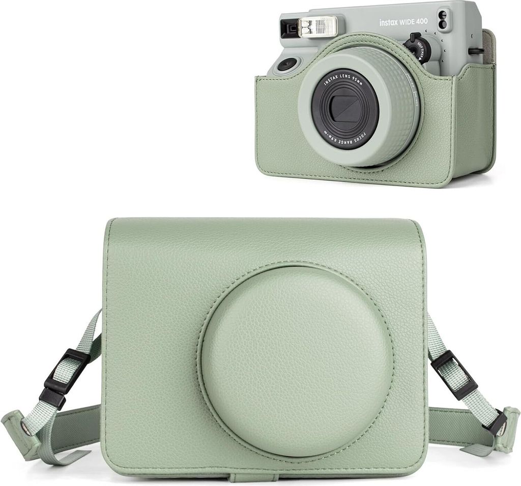 Schutzhülle aus Leder Kompatibel mit Fujifilm Instax Wide 400 Sofortbildkamera, für Instax Wide 400 Tasche mit Schultergurt - Grün