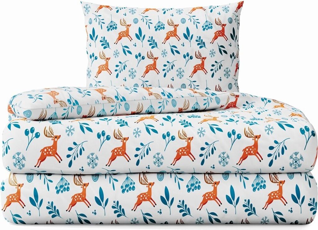 Bettwäsche Baumwolle Market, Sets 2 Teilig, Bettwäsche Baumwolle, Bettbezug 155x200 cm und 1 Kissenbezug 80x80 cm, Weiß, Rentier